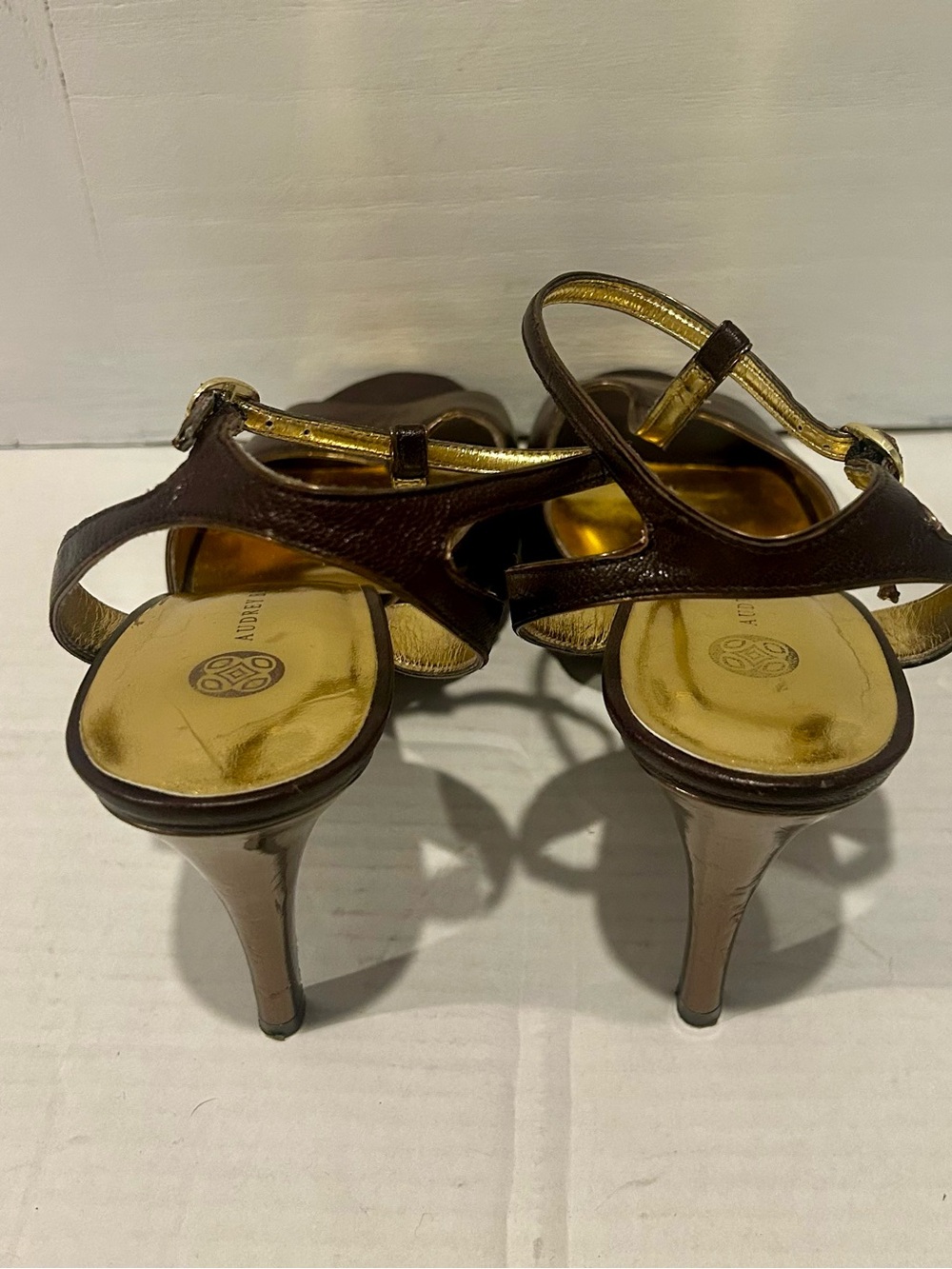 Audrey Brooke Brown T-Strap Peep Toe Platform Heels - Picture 4 of 5